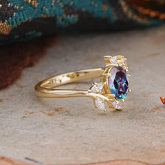 Nature-Inspired 6-Prong Oval Cut Alexandrite Engagement Ring