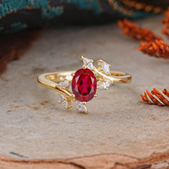 Nature-Inspired 6-Prong Oval Cut Ruby Engagement Ring