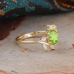 Nature-Inspired 6-Prong Oval Cut Peridot Engagement Ring