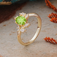Nature-Inspired 6-Prong Oval Cut Peridot Engagement Ring