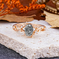 Nature-Inspired Branch-Wrapped 4-Prong Oval Black Rutilated Quartz Engagement Rings