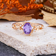 Nature-Inspired Branch-Wrapped 4-Prong Oval Amethyst Engagement  Rings