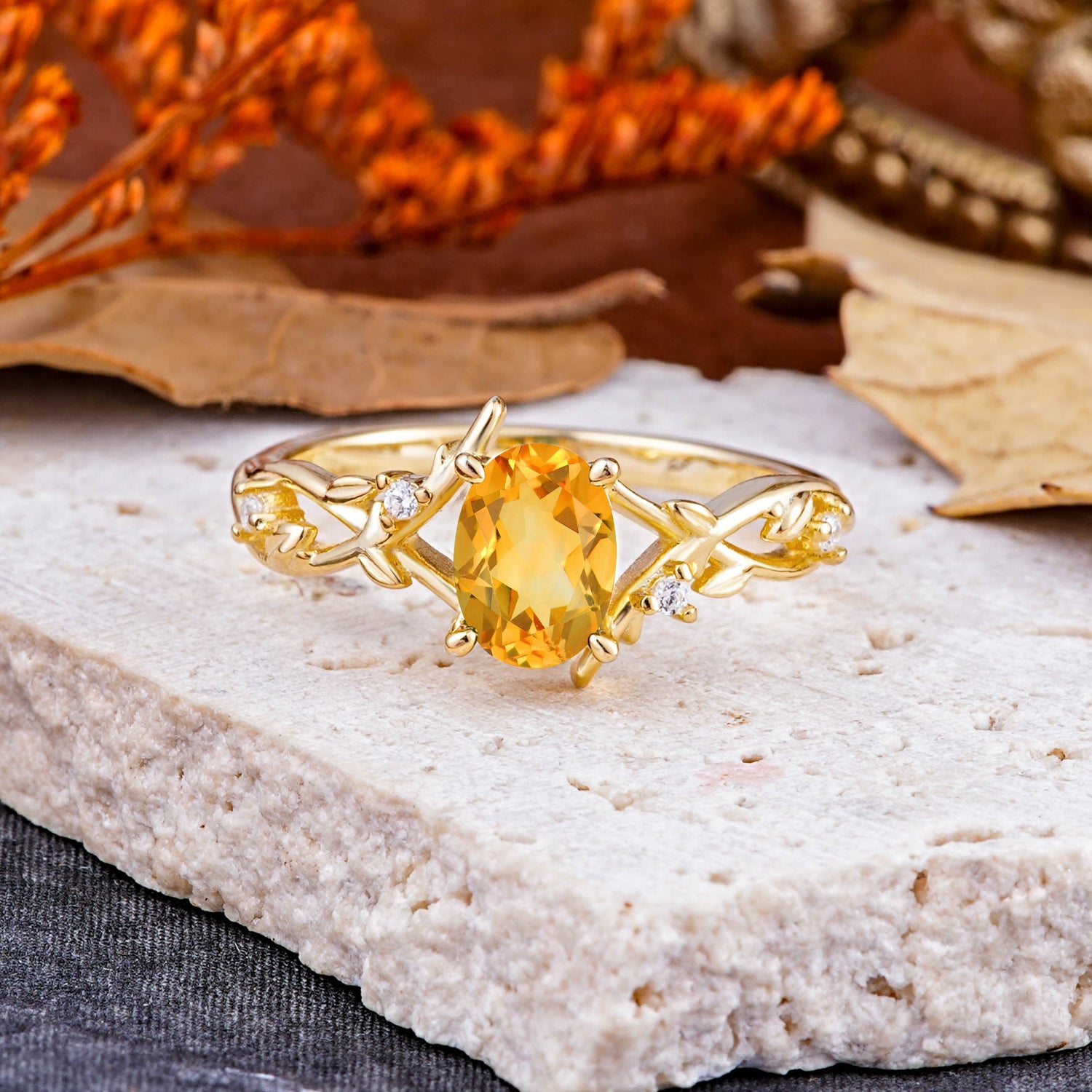 Nature-Inspired Branch-Wrapped 4-Prong Oval Citrine Engagement Rings