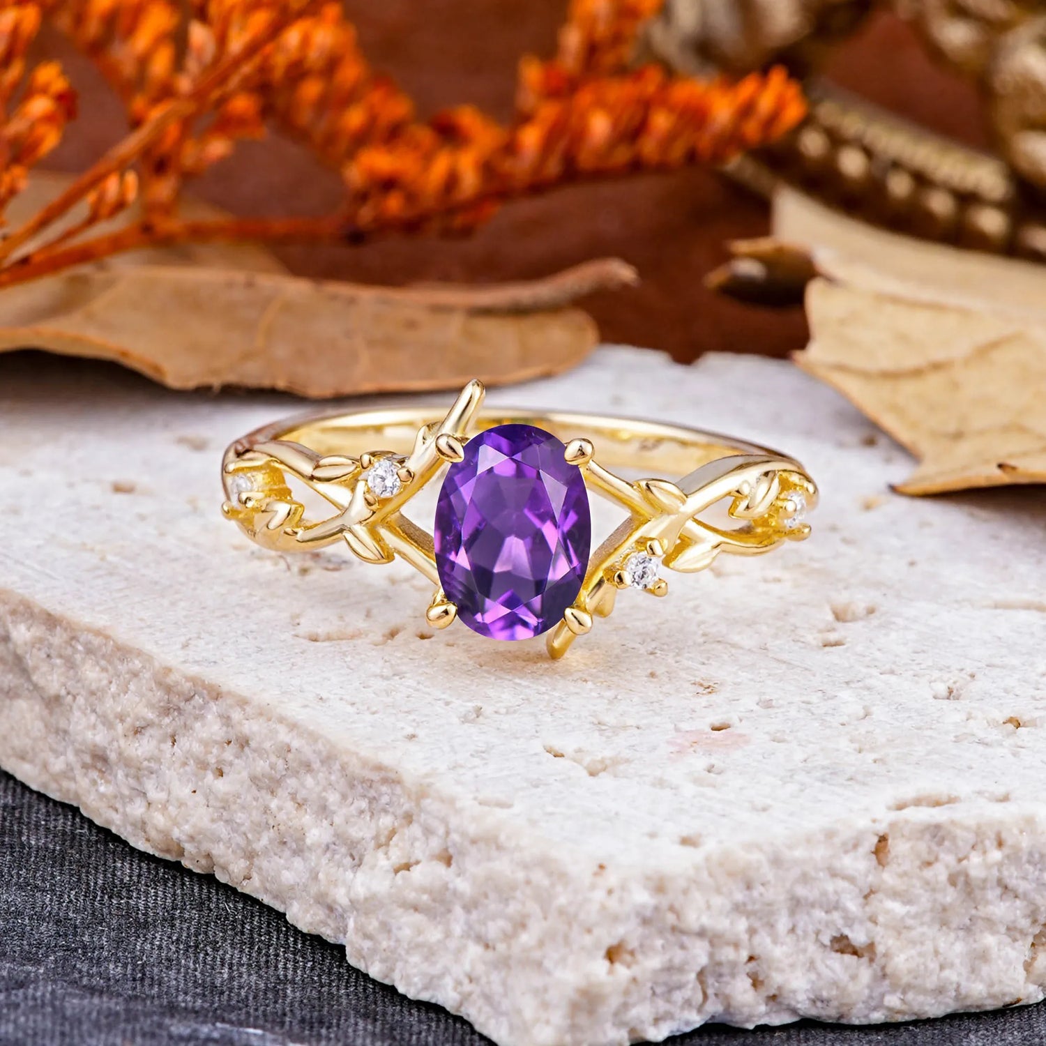 Nature-Inspired Branch-Wrapped 4-Prong Oval Amethyst Engagement  Rings