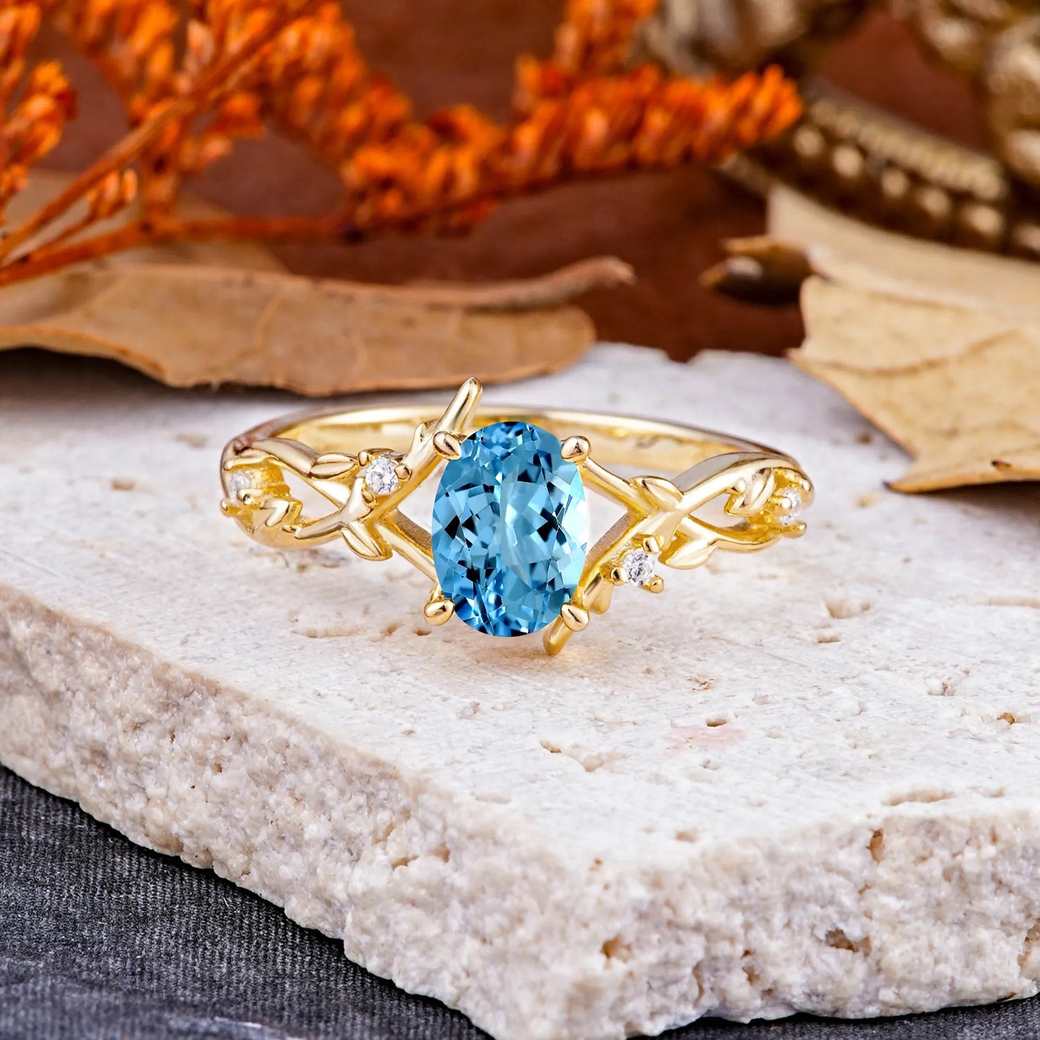 Nature-Inspired Branch-Wrapped 4-Prong Oval Aquamarine Engagement  Rings