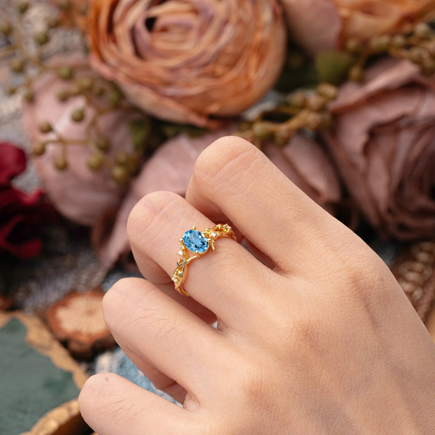 Nature-Inspired Branch-Wrapped 4-Prong Oval Aquamarine Engagement  Rings