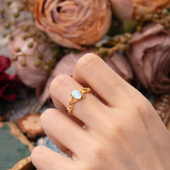 Nature-Inspired Branch-Wrapped 4-Prong Oval Moonstone Engagement  Rings