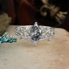 Luxury Vintage 6-Prong Kite-Cut Natural Black Rutilated Quartz Engagement Ring Set