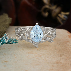 Luxury Vintage 6-Prong Kite-Cut Natural Aquamarine Engagement Ring Set