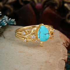 Luxury Vintage 6-Prong Kite-Cut Natural Turquoise Engagement Ring Set