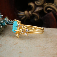 Luxury Vintage 6-Prong Kite-Cut Natural Turquoise Engagement Ring Set