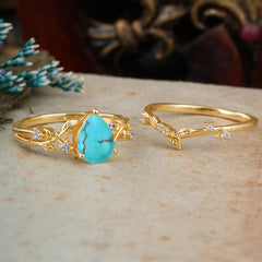Luxury Vintage 6-Prong Kite-Cut Natural Turquoise Engagement Ring Set