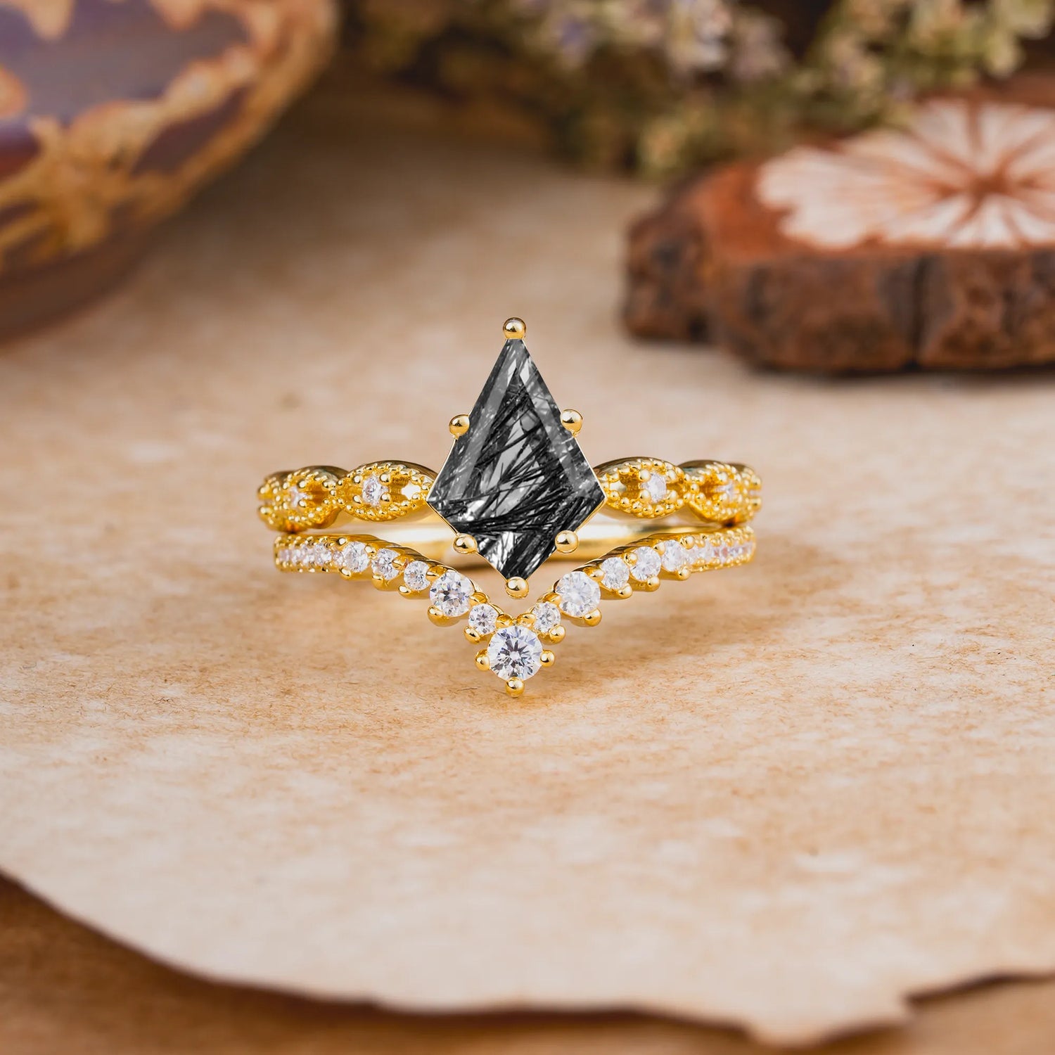 Luxury Vintage 6-Prong Kite-Cut Natural Black Rutilated Quartz Bridal Ring Set