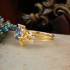 Luxury Vintage 6-Prong Kite-Cut Natural Black Rutilated Quartz Engagement Ring Set