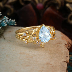 Luxury Vintage 6-Prong Kite-Cut Natural Aquamarine Engagement Ring Set