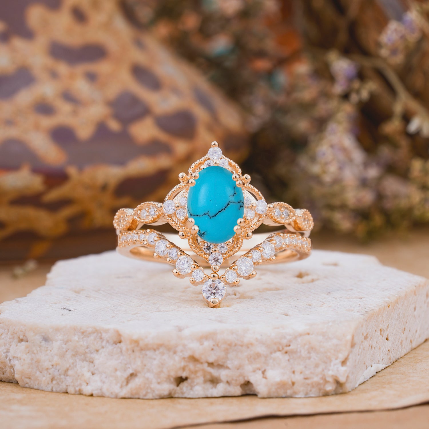 Classic Oval Cut Turquoise Engagement Bridal Ring Set