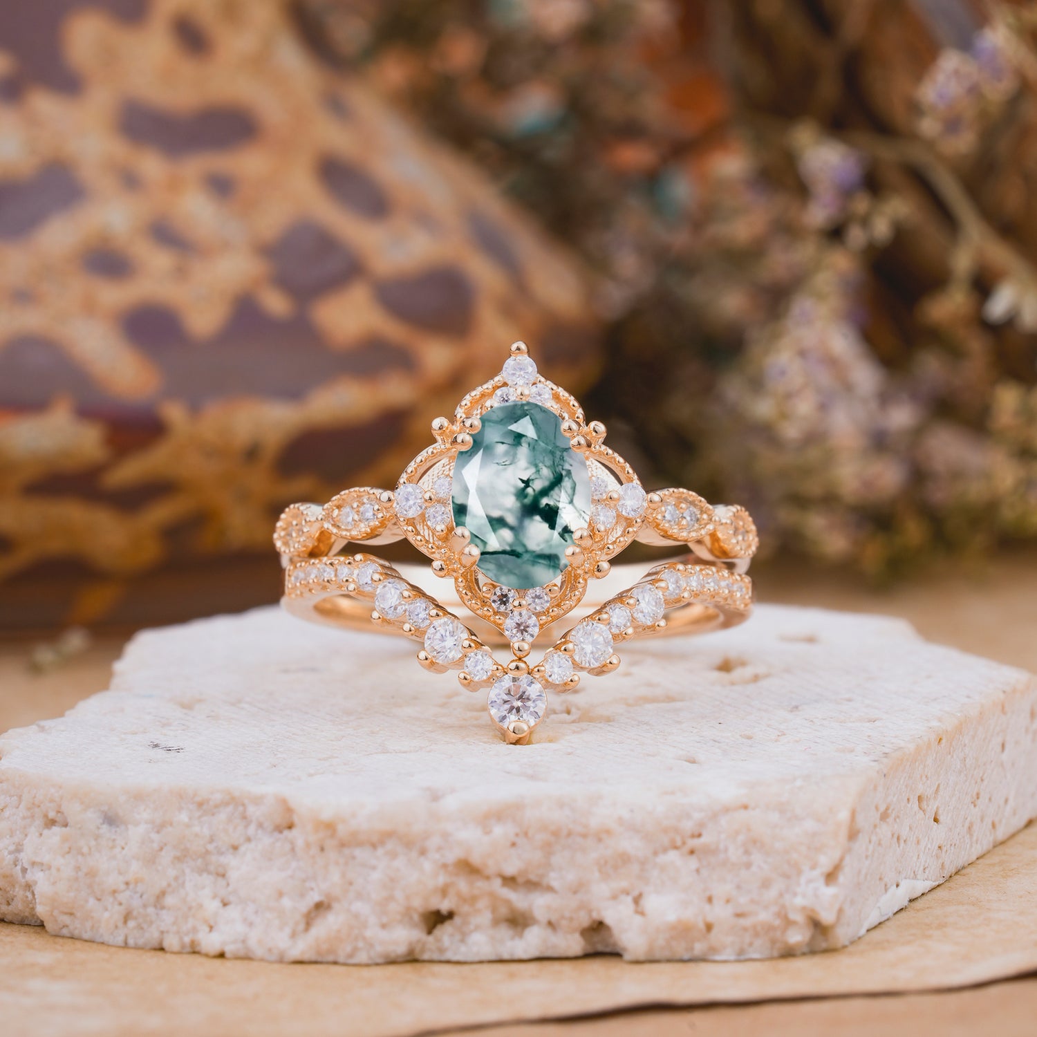 Classic Oval Cut Moss Agate Engagement Bridal Ring Set