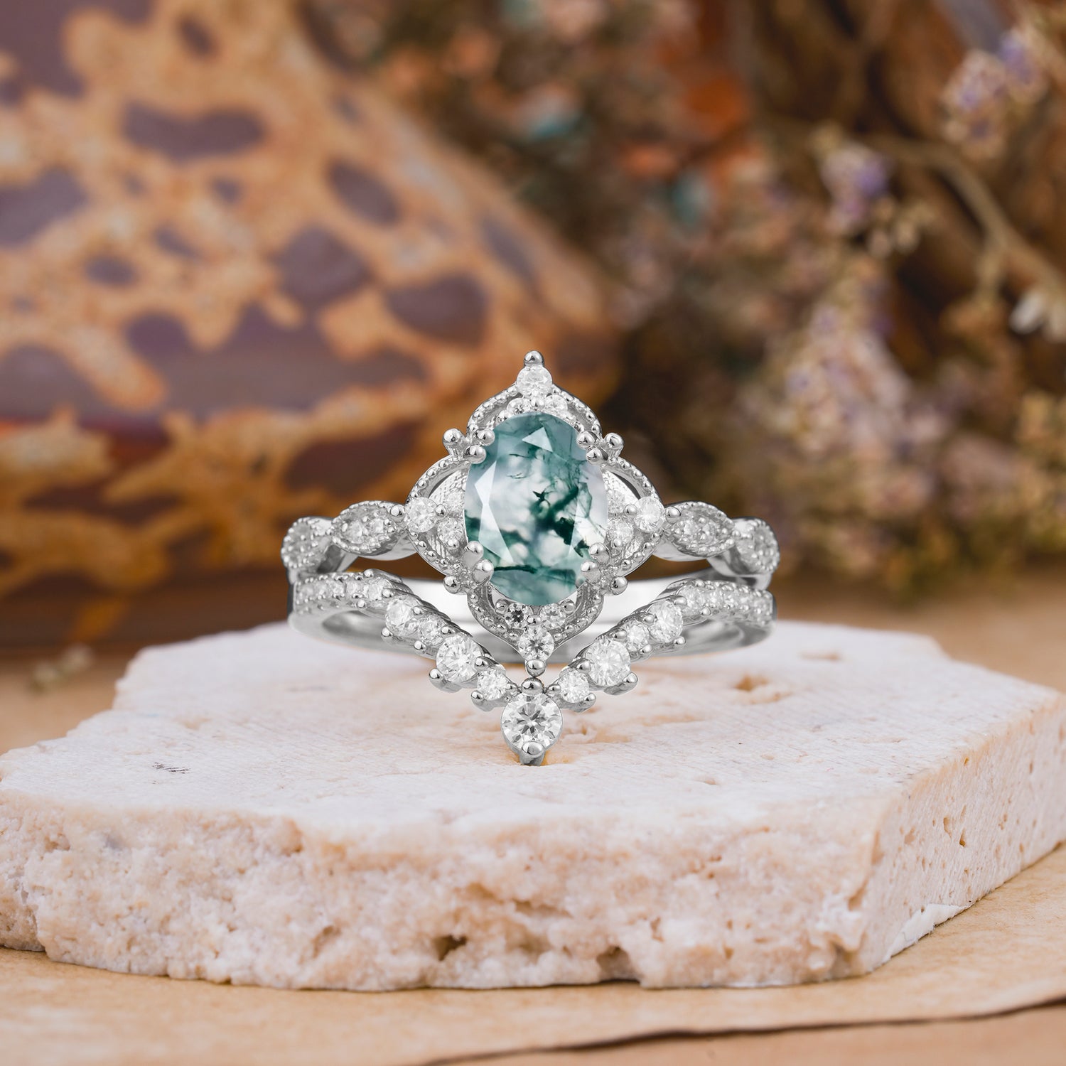 Classic Oval Cut Moss Agate Engagement Bridal Ring Set