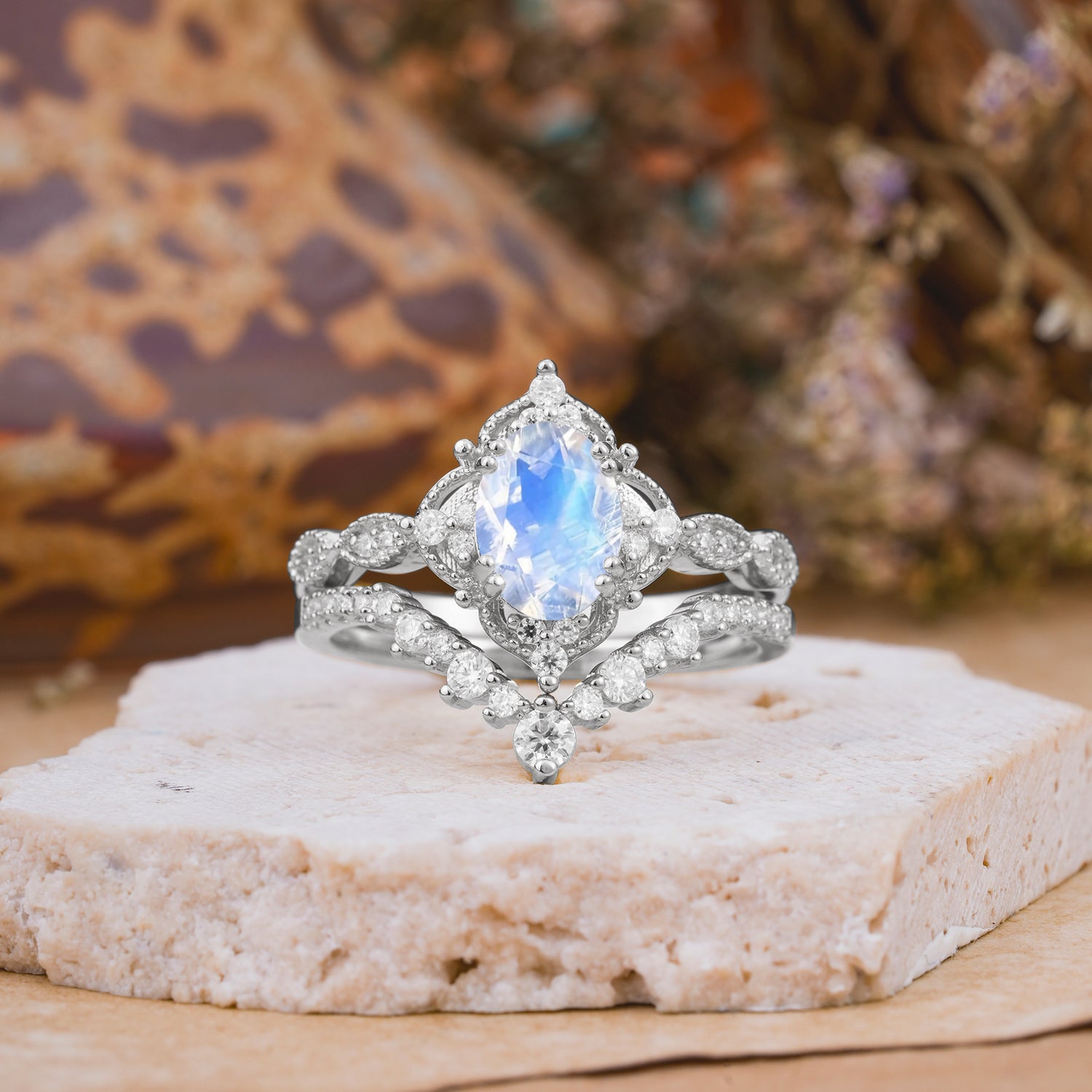 Classic Oval Cut Moonstone Engagement Bridal Ring Set