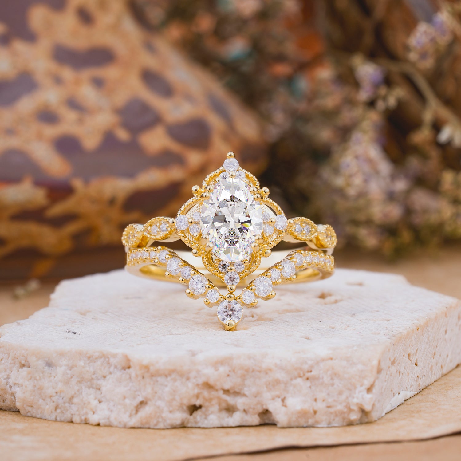 Classic Oval Cut Moissanite Engagement Bridal Ring Set