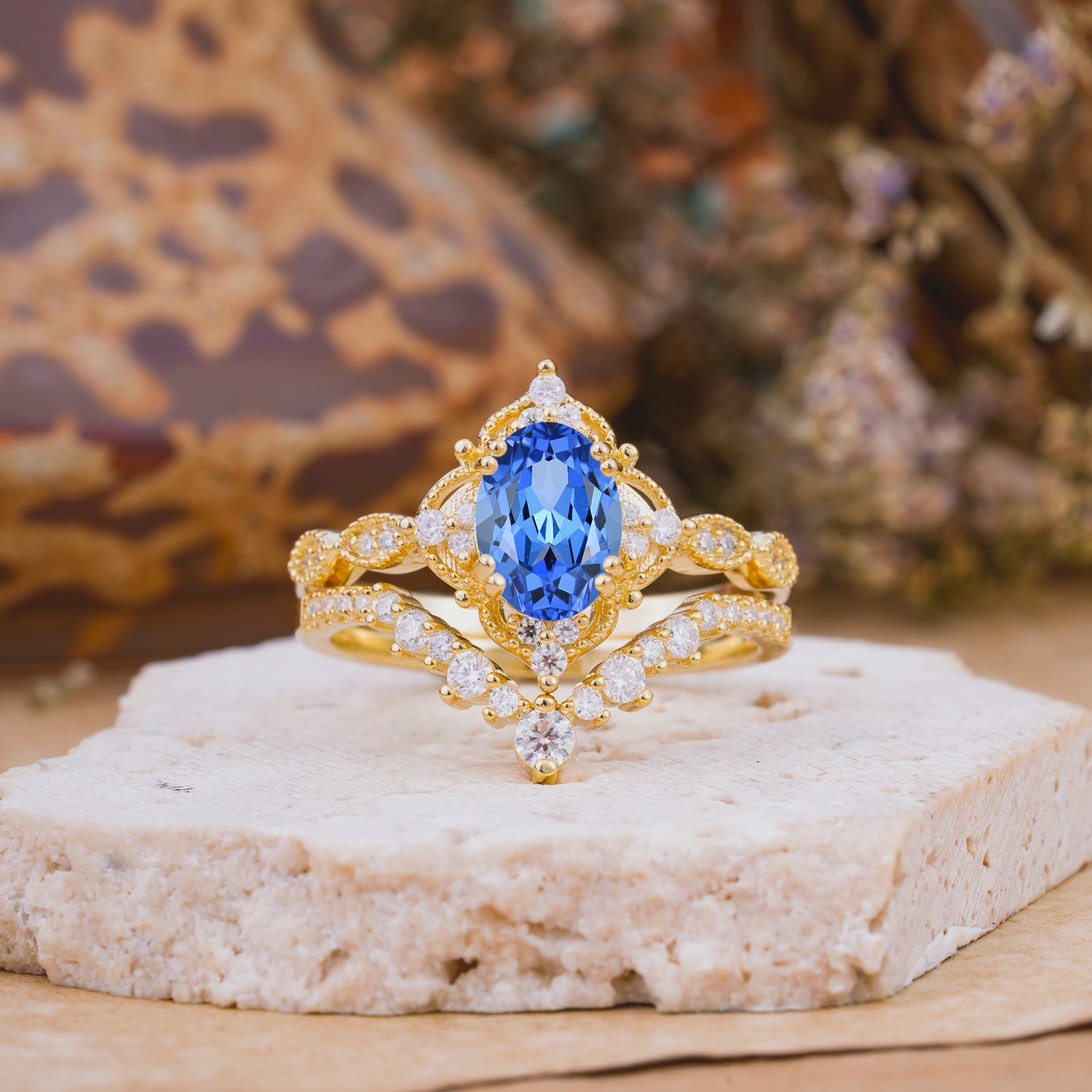 Classic Oval Cut Sapphire Engagement Bridal Ring Set
