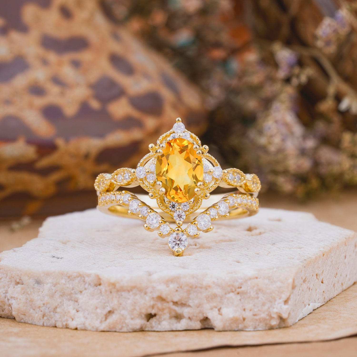 Classic Oval Cut Citrine Engagement Bridal Ring Set