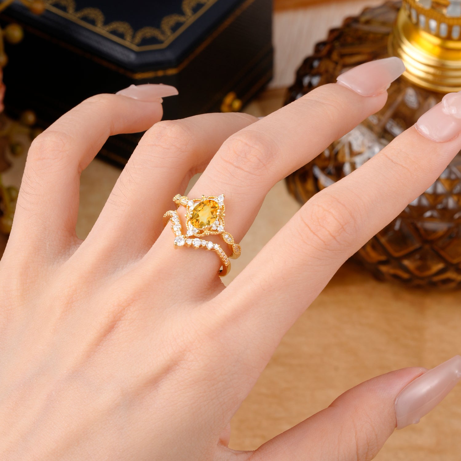 Classic Oval Cut Citrine Engagement Bridal Ring Set
