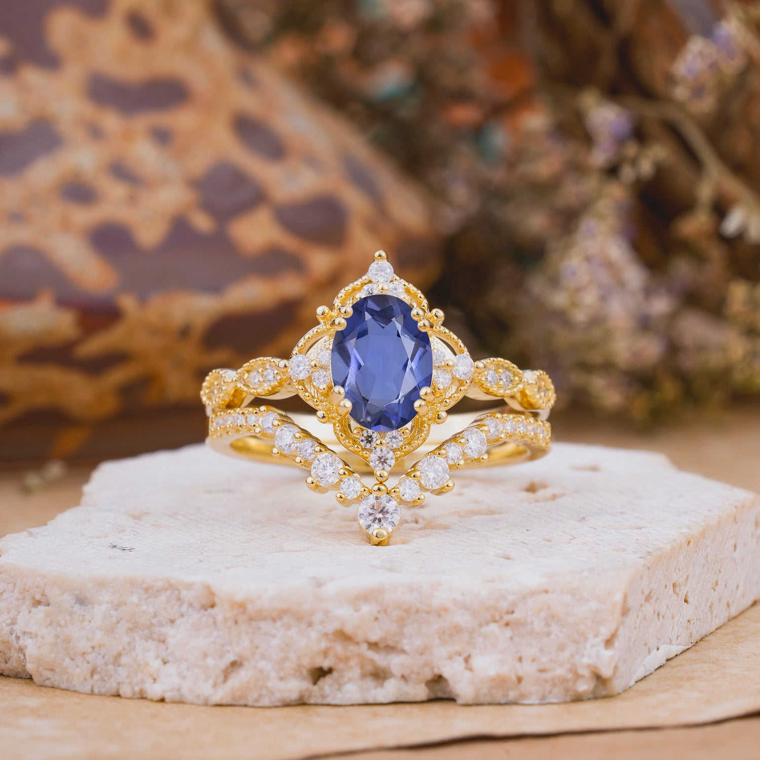 Classic Oval Cut Tanzanite Engagement Bridal Ring Set