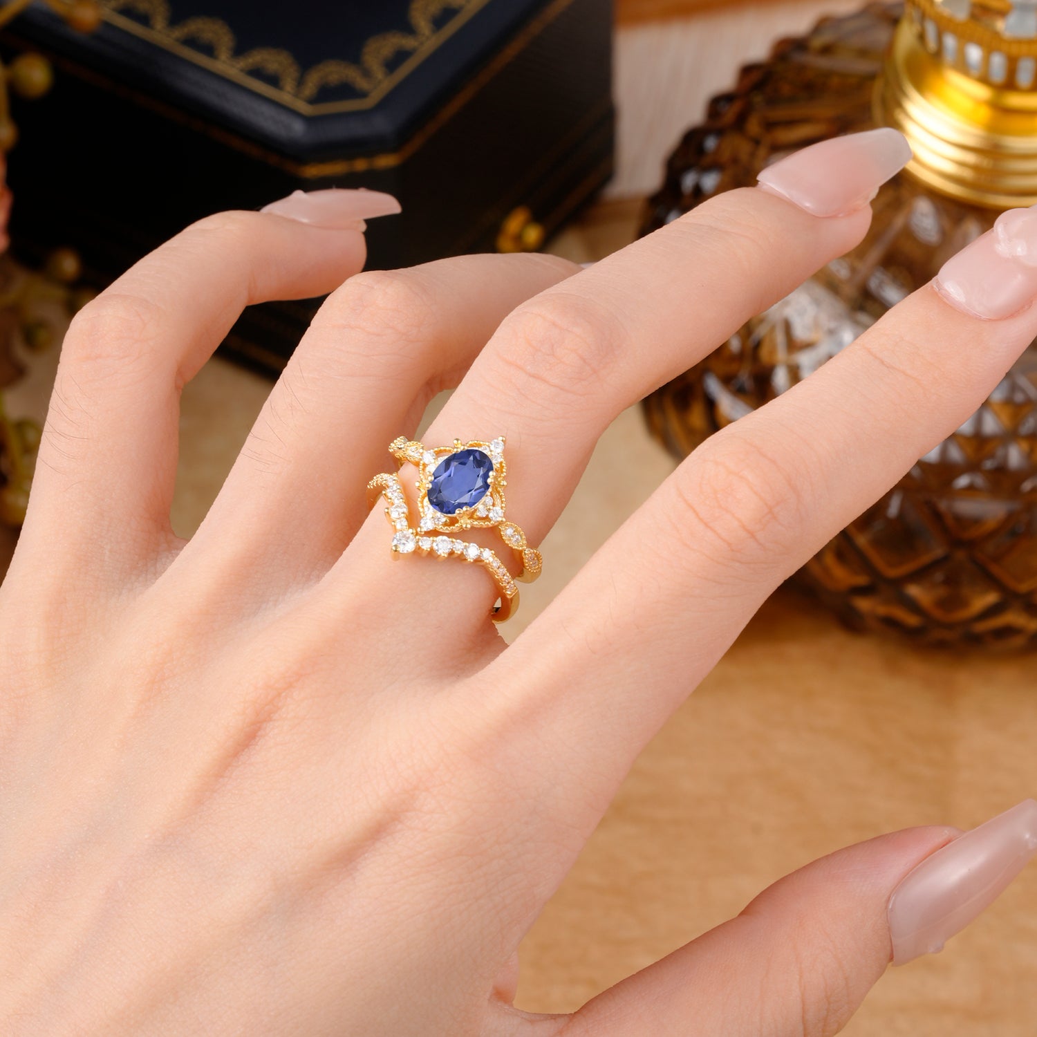 Classic Oval Cut Tanzanite Engagement Bridal Ring Set