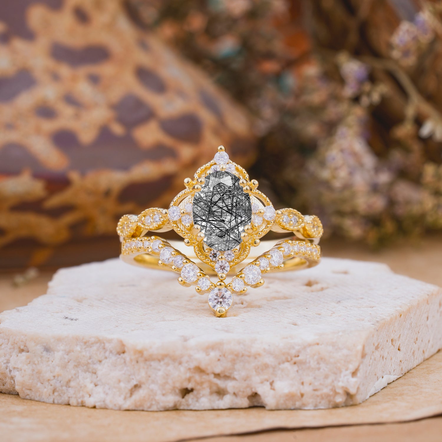 Classic Oval Cut Black Rutilated Quartz Engagement Bridal Ring Set