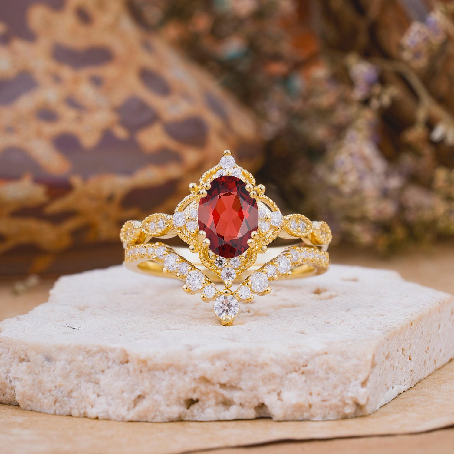 Classic Oval Cut Garnet Engagement Bridal Ring Set