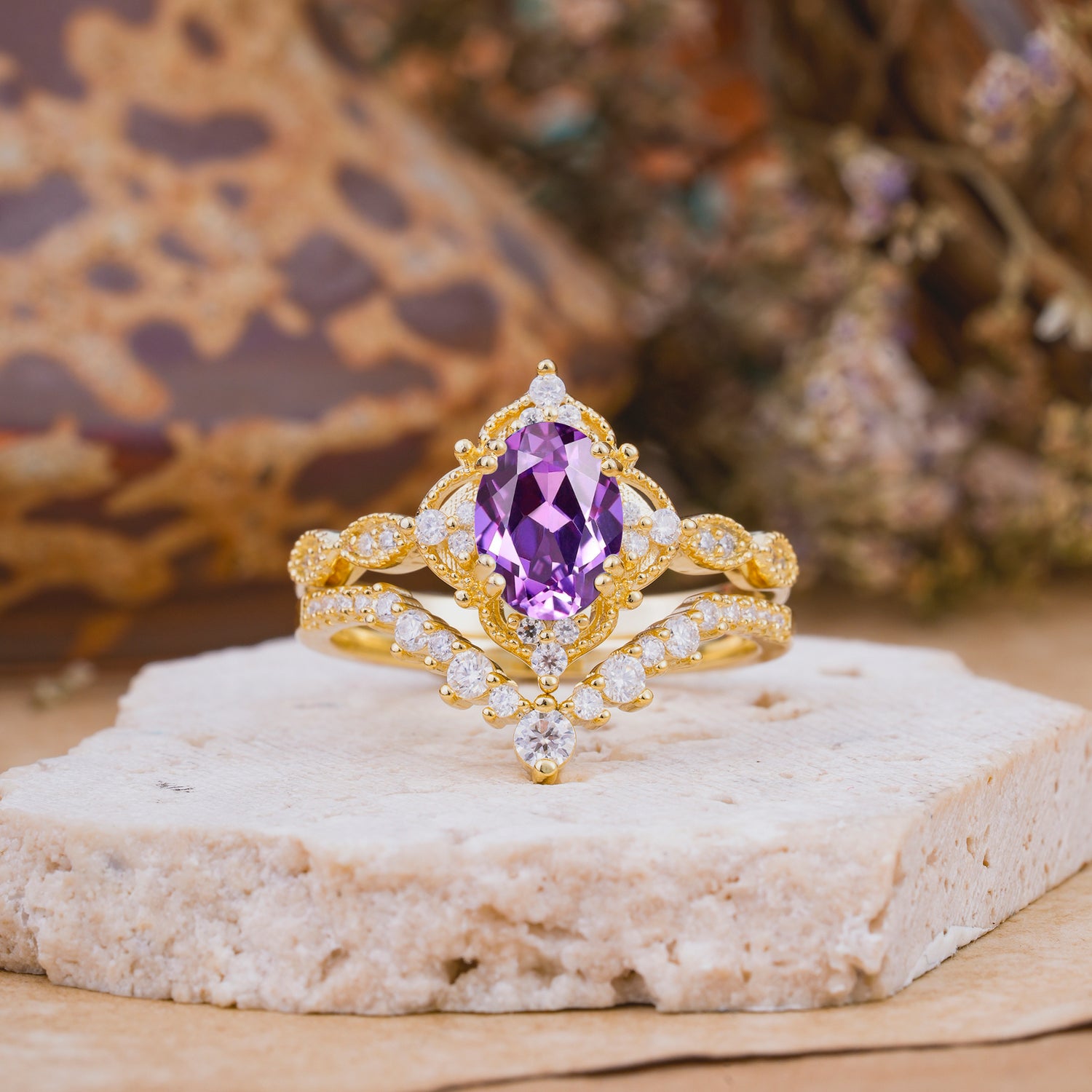 Classic Oval Cut Amethyst Engagement Bridal Ring Set
