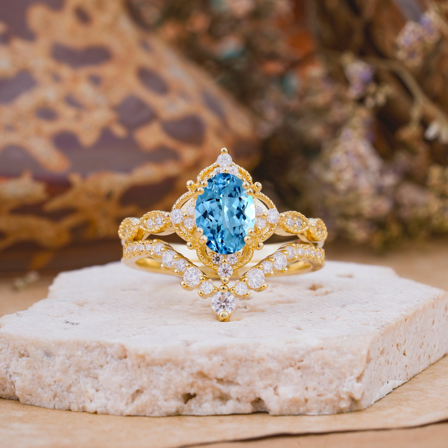 Classic Oval Cut Aquamarine Engagement Bridal Ring Set