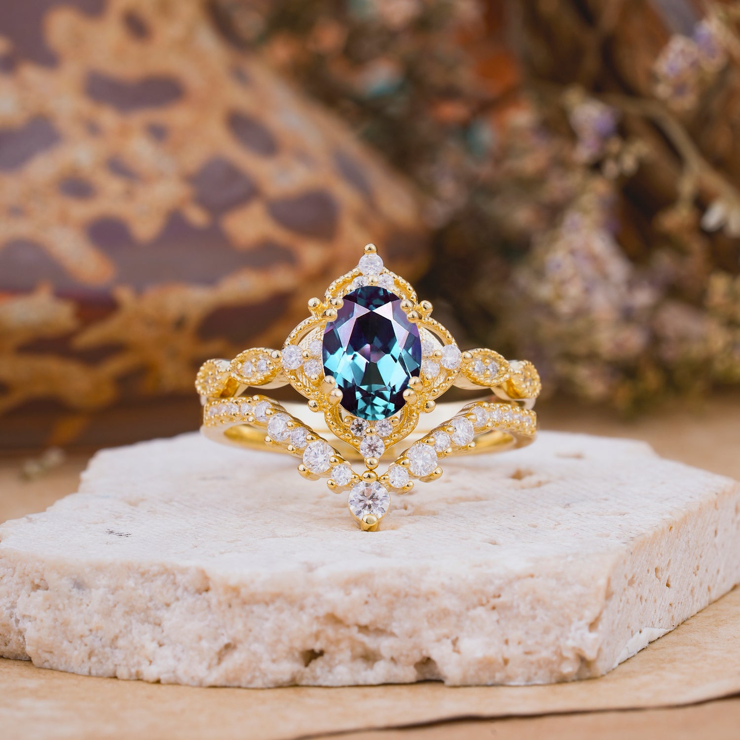 Classic Oval Cut Alexandrite Engagement Bridal Ring Set