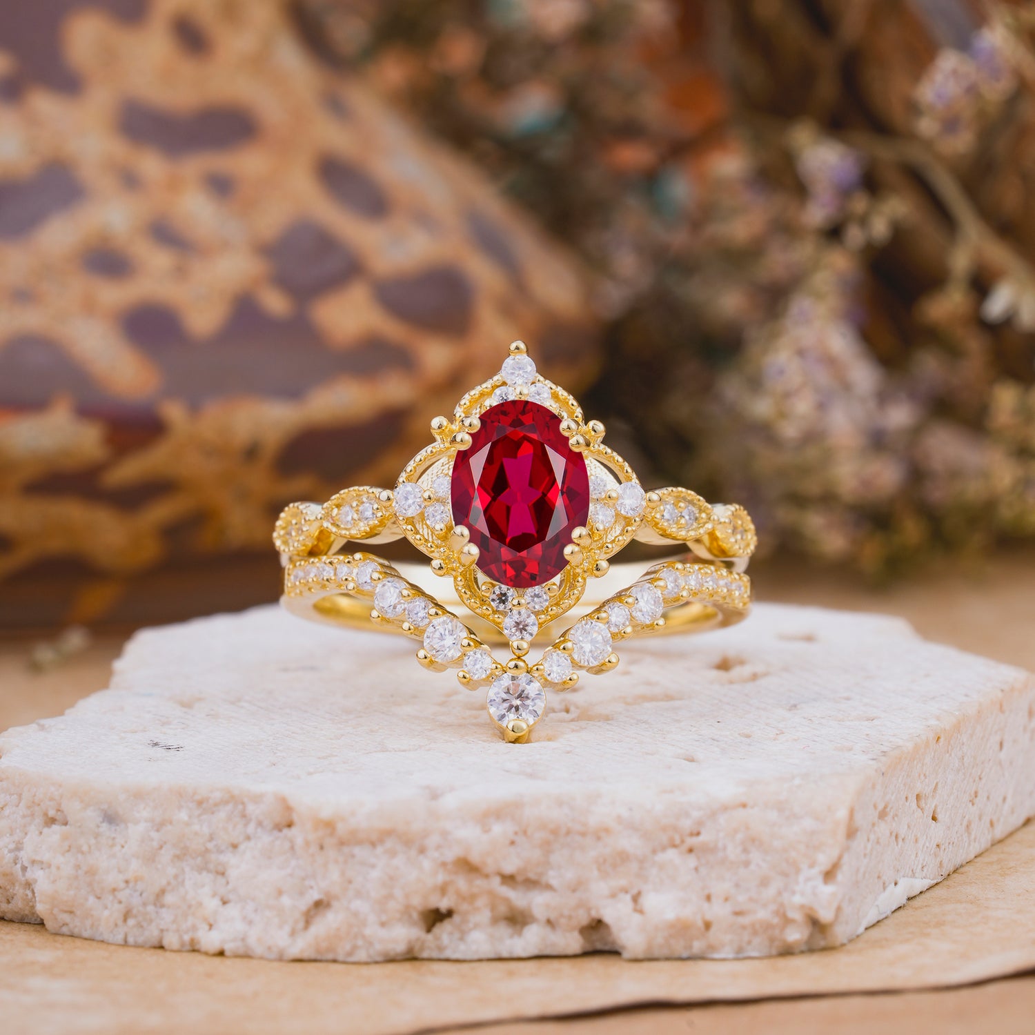 Classic Oval Cut Ruby Engagement Bridal Ring Set