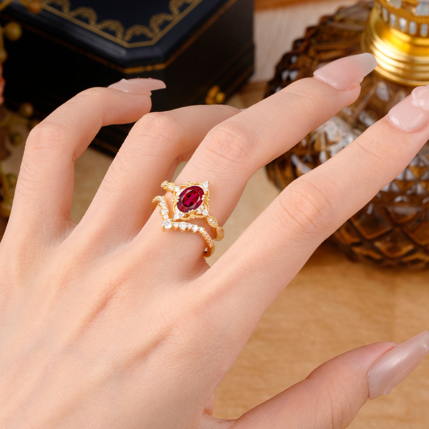 Classic Oval Cut Ruby Engagement Bridal Ring Set