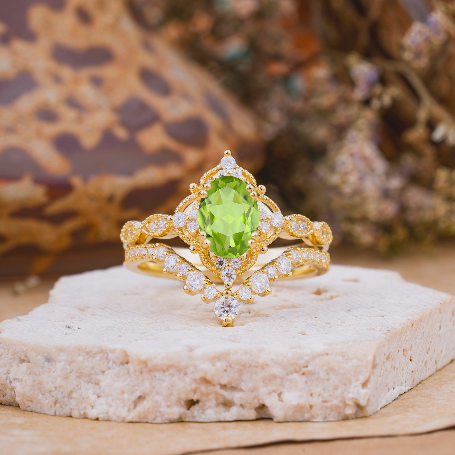 Classic Oval Cut Peridot Engagement Bridal Ring Set