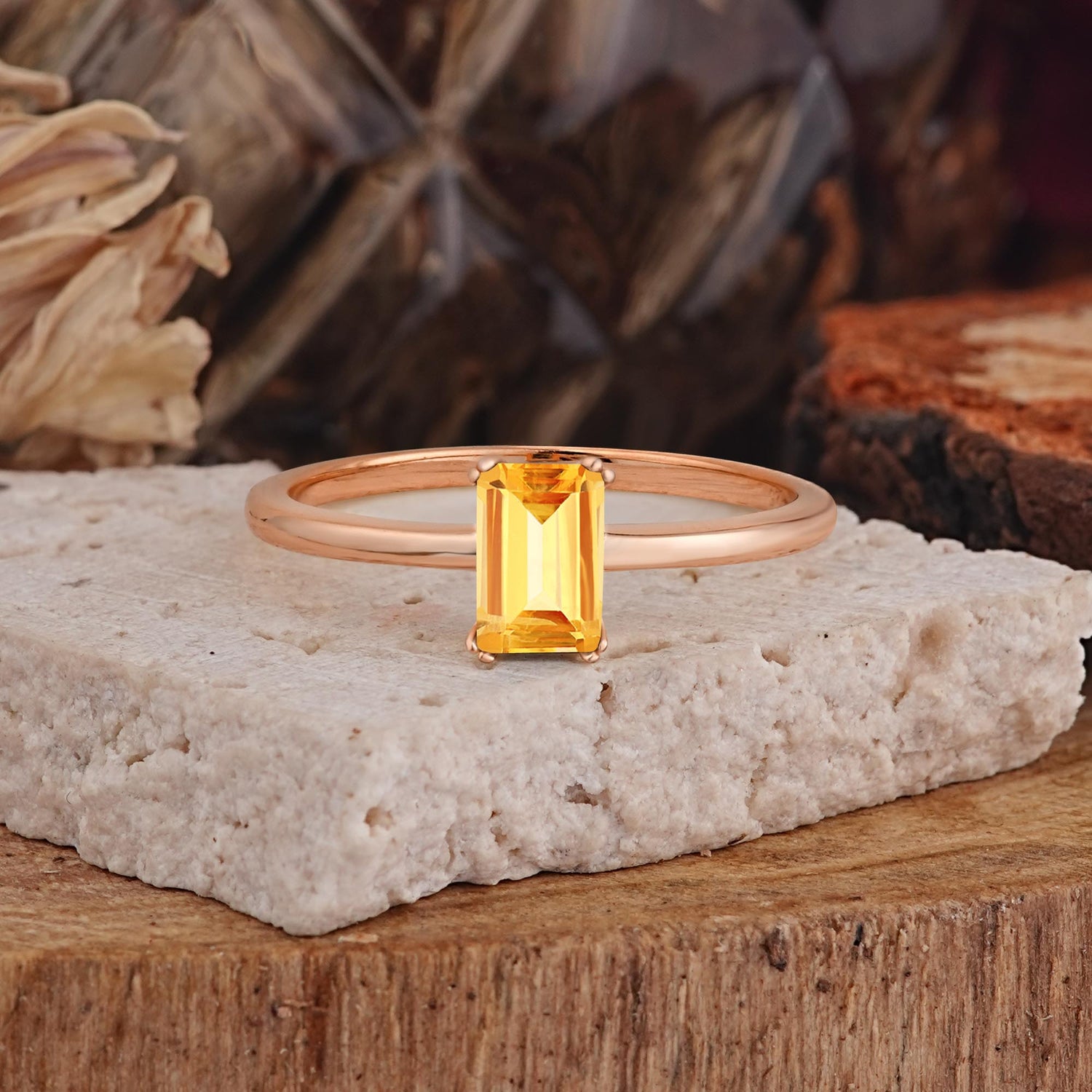 Minimalist Emerald Cut Solitaire Citrine Engagement Ring