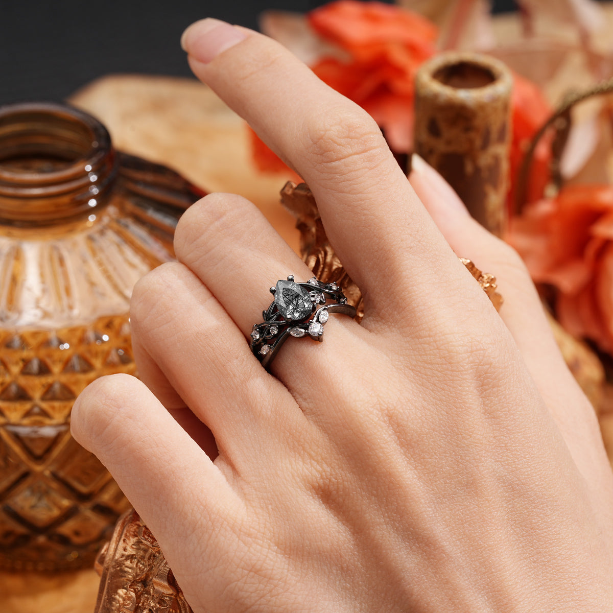 Halloween Exclusive Luxury Nature-Inspired Pear-Cut Vintage White 4-Prong Pavé Bridal Set