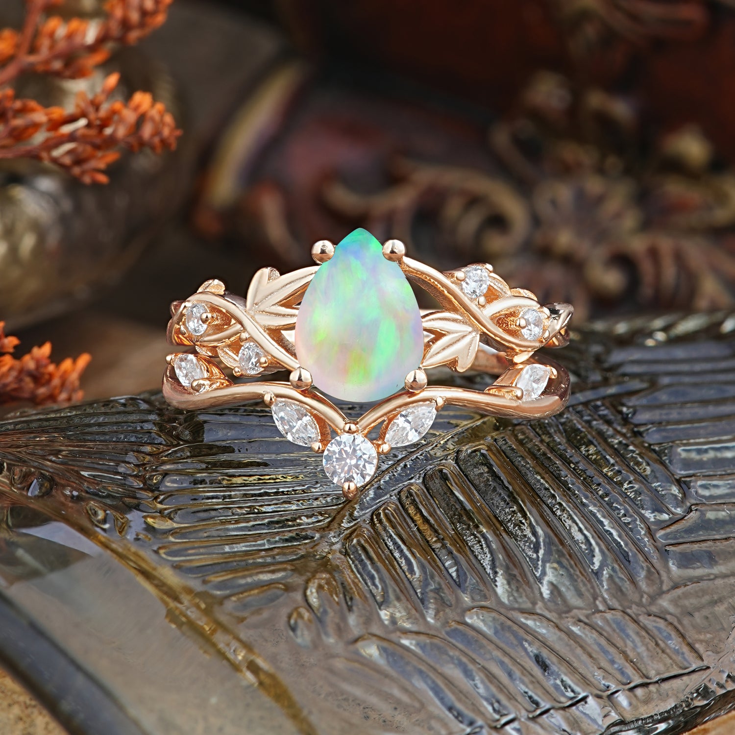 Luxurious Pear Cut Vintage White 4 Prong Opal Ring Pave Engagement Ring Set