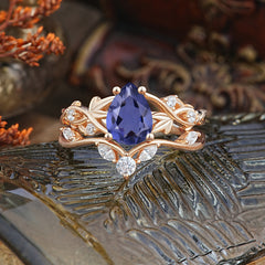 Luxury Nature-Inspired Pear Cut Vintage White 4 Prong Tanzanite Ring Pave Engagement Ring Set