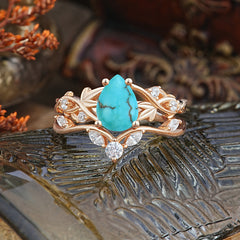 Luxury Nature-Inspired Pear Cut Vintage White 4 Prong Turquoise Ring Pave Engagement Ring Set