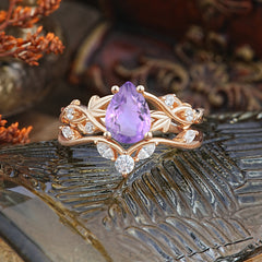 Luxury Nature-Inspired Pear Cut Vintage White 4 Prong Amethyst Ring Pave Engagement Ring Set