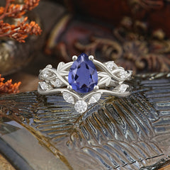 Luxury Nature-Inspired Pear Cut Vintage White 4 Prong Tanzanite Ring Pave Engagement Ring Set