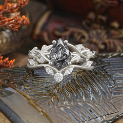 Luxury Nature-Inspired Pear Cut Vintage White 4 Prong Black Rutilated Quartz Ring Pave Engagement Ring Set