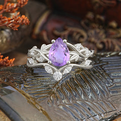 Luxury Nature-Inspired Pear Cut Vintage White 4 Prong Amethyst Ring Pave Engagement Ring Set