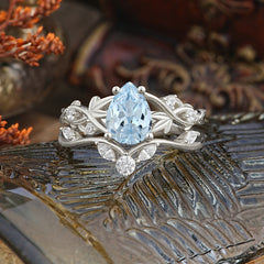 Luxury Nature-Inspired Pear Cut Vintage White 4 Prong Aquamarine Ring Pave Engagement Ring Set