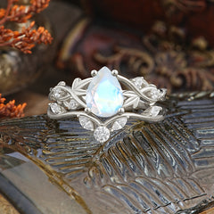 Luxury Nature-Inspired Pear Cut Vintage White 4 Prong Moonstone Ring Pave Engagement Ring Set