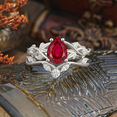 Luxury Nature-Inspired Pear Cut Vintage White 4 Prong Ruby Ring Pave Engagement Ring Set