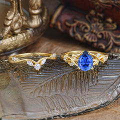 Luxury Nature-Inspired Pear Cut Vintage White 4 Prong Sapphire Ring Pave Engagement Ring Set
